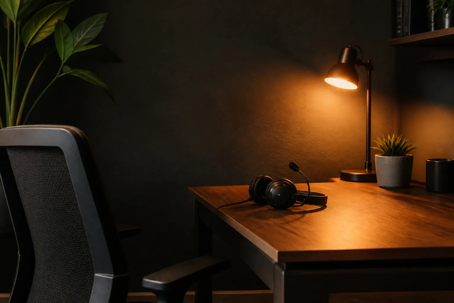 Rincón de soporte con auriculares y lámpara naranja / Support corner with a headset and warm orange lamp