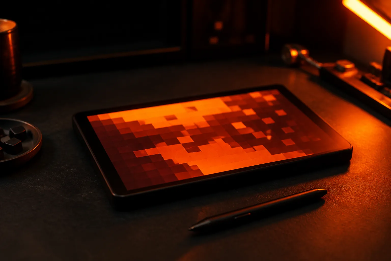 Escritorio de desarrollo con tableta y formas de pixel art brillando en naranja / Game dev desk with a tablet showing glowing pixel-art shapes